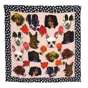 Nathalie Lete Dog Print Square Scarf in Pink with Black Star Border